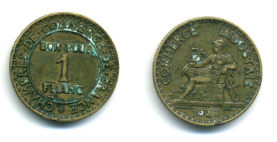 ФРАНЦИЯ 1 ФРАНК 1923 CHAMBRES DE COMMERCE KM 876, LE FRANC 218.5 алюминиевая бронза 84-235