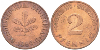 ФРГ 2 ПФЕННИГА 1969 F KM 106a, J.381a сталь плакированная сталь плакированная медьюю 3718-367