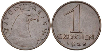 АВСТРИЯ 1 ГРОШ 1928 ДОВОЕННАЯ ДЕСЯТИЧНАЯ ЧЕКАНКА KM 2836 бронза 201-156