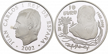 Испания 10 евро 2002 100 лет со дня рождения поэта Рафаэля Альберти KM 1088 серебро PROOF 01-162-45