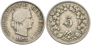 ШВЕЙЦАРИЯ 5 РАППЕНОВ 1901 В KM 26 медно-никель 4532-914