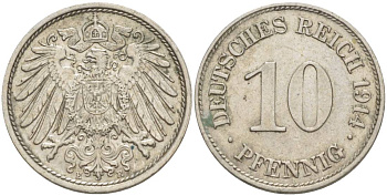 Германия 10 пфеннигов 1914 E KM 12, Jager 13, Weege 8 медно-никель 219-242