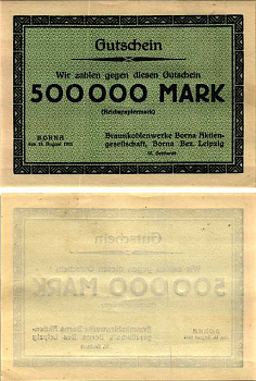 БОРНА 500000 МАРОК 1923 НОТГЕЛЬД, 15 АВГУСТА 1923, ЗЕМЛЯ САКСОНИЯ Keller 538a бумага 6300-34-1-1
