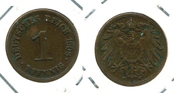 ГЕРМАНИЯ 1 ПФЕННИГ 1908 G KM 10, J 10 медь 701-324