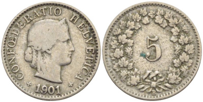 ШВЕЙЦАРИЯ 5 РАППЕНОВ 1901 В KM 26 медно-никель 4532-914