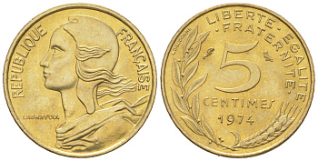 Франция 5 сантимов 1974 KM 933 алюминиевая бронза aUNC 261-513