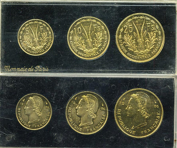 Французская Западная Африка 5, 10 и 25 франков 1956 пробник, ESSAI алюминиевая бронза UNC 7-4-1-25