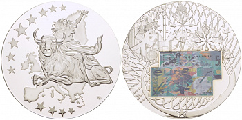 НИДЕРЛАНДЫ МЕДАЛЬ 2002 ПОХИЩЕНИЕ ЕВРОПЫ, КУПЮРА 5 ЕВРО ЕВРОПРОБА, СЕРЕБРЕНИЕ, ЦВЕТНАЯ ЭМАЛЬ, ДИАМЕТР 50 ММ. ВЕС 54 ГР. медно-никель PROOF 01-237-52