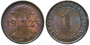 Германия 1 рентенпфенниг 1923 G KM 30, J. 306 бронза UNC 72-1168