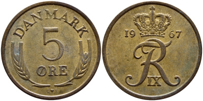 ДАНИЯ 5 ЭРЕ 1967 C; S, ФРЕДЕРИК IX (1947-1972) KM 848.1 бронза 4398-851
