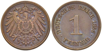 ГЕРМАНИЯ 1 ПФЕННИГ 1896 E KM 10, J. 10, Weege 2 медь 211-218