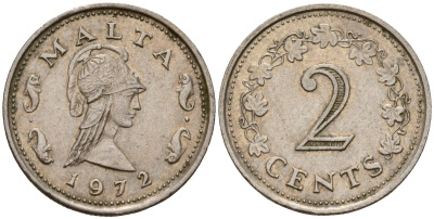 Мальта 2 цента 1972 Пентесилея, царица амазонок KM 9 медь цинк 4154-646