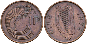 Ирландия 1 пенни 1974 мифологическая птица лира KM 20 бронза 4141-226