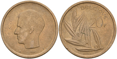 Бельгия 20 франков 1980 Belgique, Бодуэн I (1951-1993) KM 159 никель бронза 4187-456
