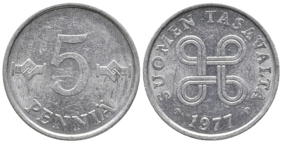 ФИНЛЯНДИЯ 5 ПЕННИ 1977 KM 45а алюминий 100-1265