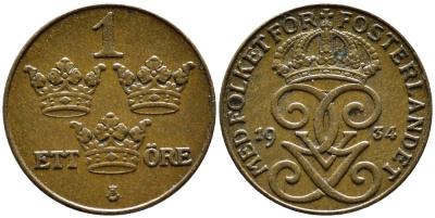 Швеция 1 эре 1934 Густав V (1907-1950) KM 777.2 бронза 4387-1213