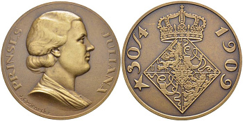 Нидерланды медаль ND Принцесса Нидерландов Юлиана, родилась 30 апреля 1909, правление (1948-1980), диаметр 50 мм.      11-267-42