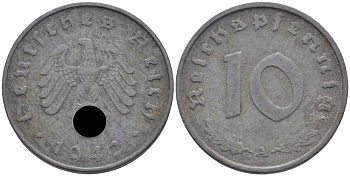 ГЕРМАНИЯ 10 РЕЙХСПФЕННИГОВ 1942 A KM 101, J. 371 цинк 4401-631