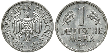 ФРГ 1 марка 1967 J J 385, KM 110 медно-никель aUNC 72-752