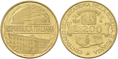 Италия 200 лир 1996 R, 100 лет Академии таможенной службы KM 184 алюминиевая бронза 4126-124