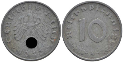ГЕРМАНИЯ 10 РЕЙХСПФЕННИГОВ 1942 A KM 101, J. 371 цинк 4401-631
