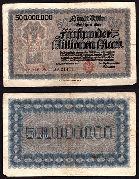 Германия, Кельн 500000000 марок 1925 серия A бумага 6289-38-2-1