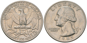 США 25 центов = квотер 1985 P, Вашингтон KM 164a медь плакированная медно-никелем 4595-955