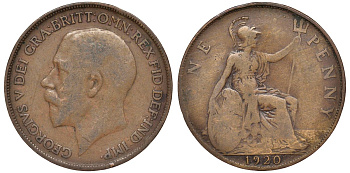 Великобритания 1 пенни 1920 Георг V (1910-1936) KM 810, Spink 4051 бронза 4123-1123