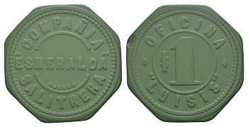 Чили, Луизис (Luisis), Антофагаста шахтерский жетон с Селитряного рудника для покупки в местных магазинах, номиналом в 1 песо около 1905 размер 42x42 мм, вес 4,84 гр Espinosa 189.3 эбонит (зеленый) 01-233-14