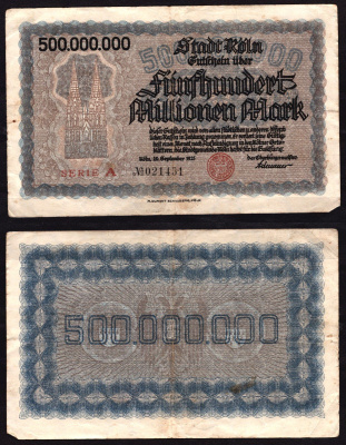 Германия, Кельн 500000000 марок 1925 серия A бумага 6289-38-2-1