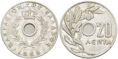 Греция 20 лепта 1959 Павел I (1947-1964), оливковая ветвь KM 79 алюминий 210-917