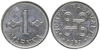 Финляндия 1 марка 1959 KM 36а железо плакированное никелем UNC 100-969