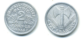 Франция 2 франка 1943 правительство Виши KM 904.1 алюминий 4381-457