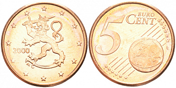 Финляндия 5 евроцентов 2000 из ролла KM 100 сталь плакированная медью UNC M5-14