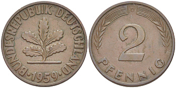 ФРГ 2 ПФЕННИГА 1959 D KM 106, J. 381 бронза 4181-722