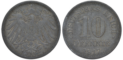 ГЕРМАНИЯ 10 ПФЕННИГОВ 1917 KM 26, J. 299 цинк 45-1246