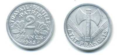 Франция 2 франка 1943 правительство Виши KM 904.1 алюминий 4381-457