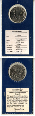 Южная Корея 1000 вон 1988 XXIV летние Олимпийские Игры, Сеул 1988 - Настольный теннис KM 49 медно-никель BU 6-6-2-57