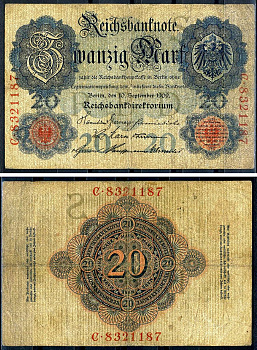 Германия 20 марок 1910 Pick 40 b бумага 7191-3-1-2