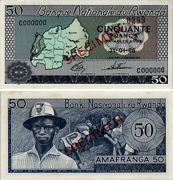 Руанда 50 франков 1966 SPECIMEN Pick 7s1 бумага UNC (пресс) 8588-83-1-1