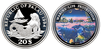 Палау 20 долларов 1994 водный мир Палау, цветная эмаль, 155 г., 5 унций тираж 3000 экз. KM 7 серебро PROOF 4-3-2-26