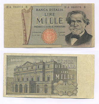 Италия 1000 лир 1969 Джузеппе Верди, Милин Ла Скала Pick 101а бумага 7146-19-1-2