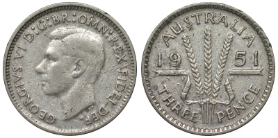 Австралия 3 пенса 1951 m, Георг VI (1937-1952), без букв KM 44 серебро 71-447