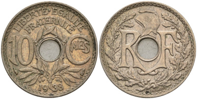 Франция 10 сантимов 1938 KM 866a, Le Franc 138.3 медно-никель 4143-1044