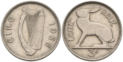 Ирландия 3 пенса 1956 заяц KM 12а медно-никель 92-231