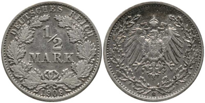 ГЕРМАНИЯ 1/2 МАРКИ 1909 G KM 17, J. 16, Weege 16 серебро 4448-735