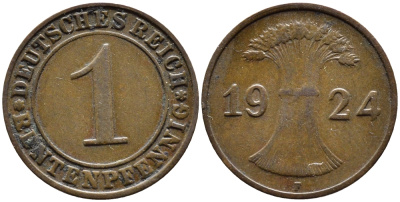 Германия 1 рентенпфенниг 1924 F KM 30, J. 306 бронза 4387-1122