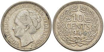 Нидерланды 10 центов 1944 Вильгельмина (1890-1948) KM 163 серебро aUNC 84-313