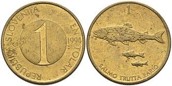 Словения 1 толар 1994 рыбы KM 4 никель латунь 4573-611