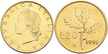 Италия 20 лир 1995 R, дубовый лист KM 97.2 алюминиевая бронза  UNC  4594-948